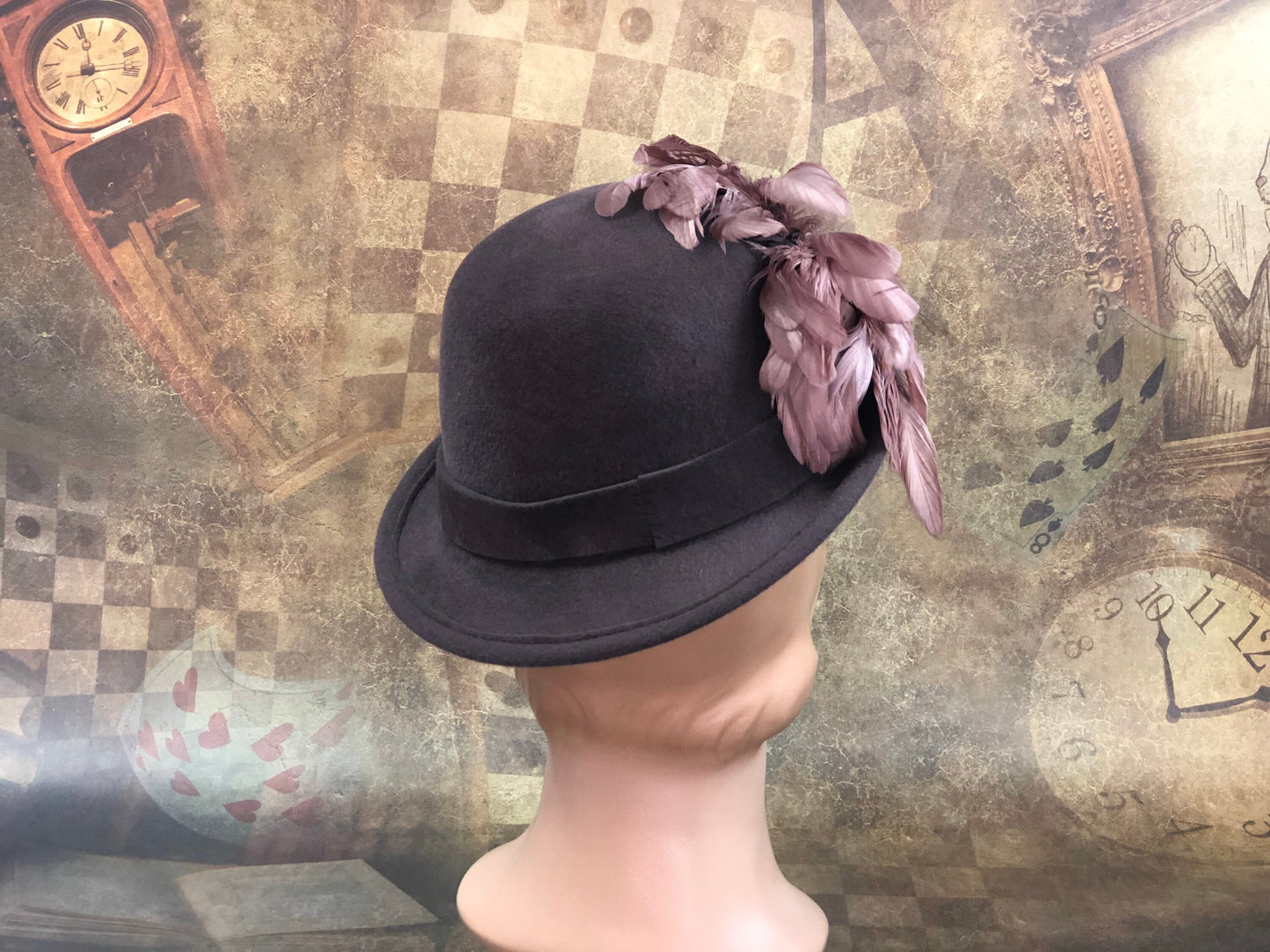 Padua Hat, Renaissance Hat, Elizabethan Flat Crown Tall Hat in taupe velour felt with felt trim - In stock ready to ship