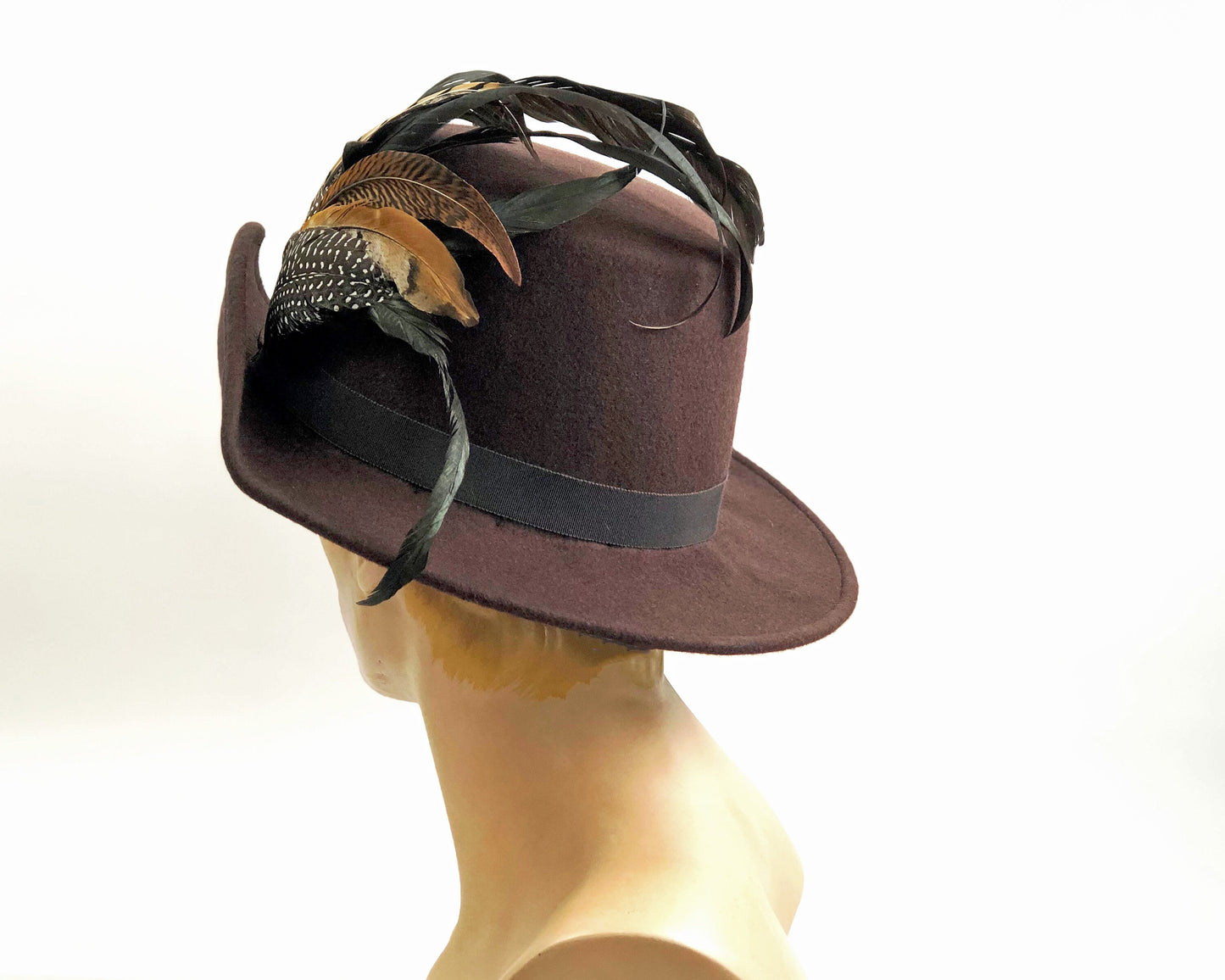 Anjou Hat, Renaissance Hat, Elizabethan Flat Crown Tall Hat in brown Felt with grosgrain trim - In stock ready to ship