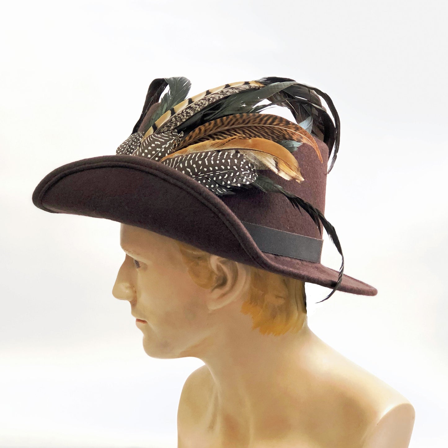 Anjou Hat, Renaissance Hat, Elizabethan Flat Crown Tall Hat in brown Felt with grosgrain trim - In stock ready to ship