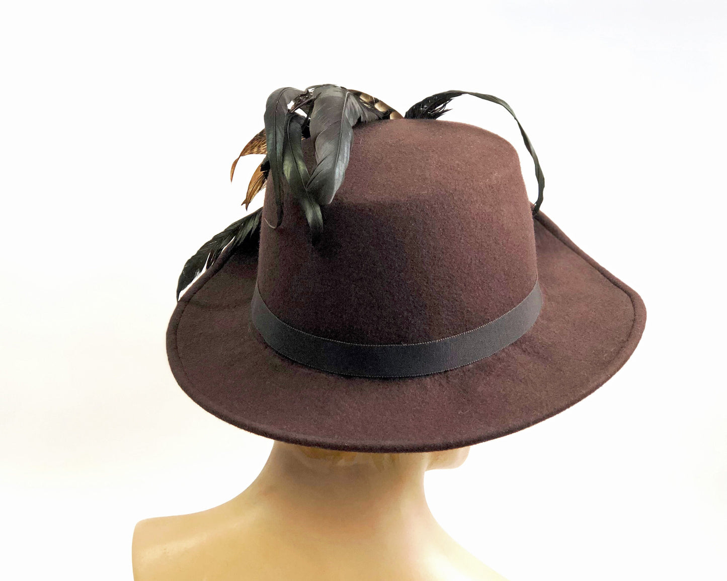 Anjou Hat, Renaissance Hat, Elizabethan Flat Crown Tall Hat in brown Felt with grosgrain trim - In stock ready to ship