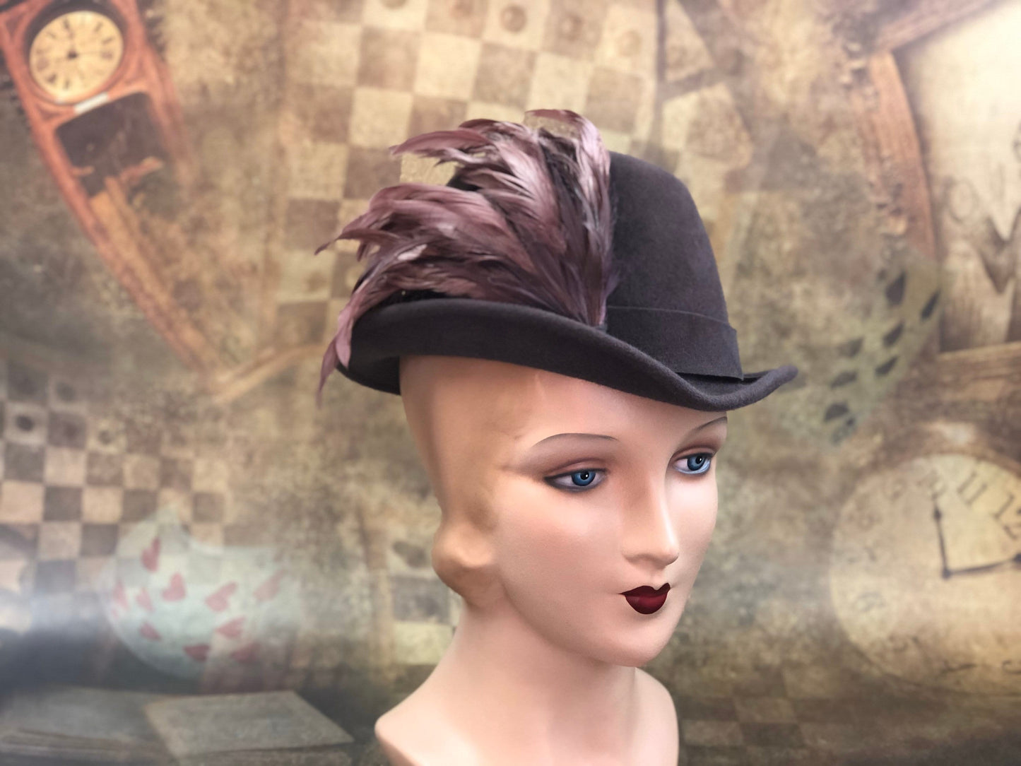 Padua Hat, Renaissance Hat, Elizabethan Flat Crown Tall Hat in taupe velour felt with felt trim - In stock ready to ship