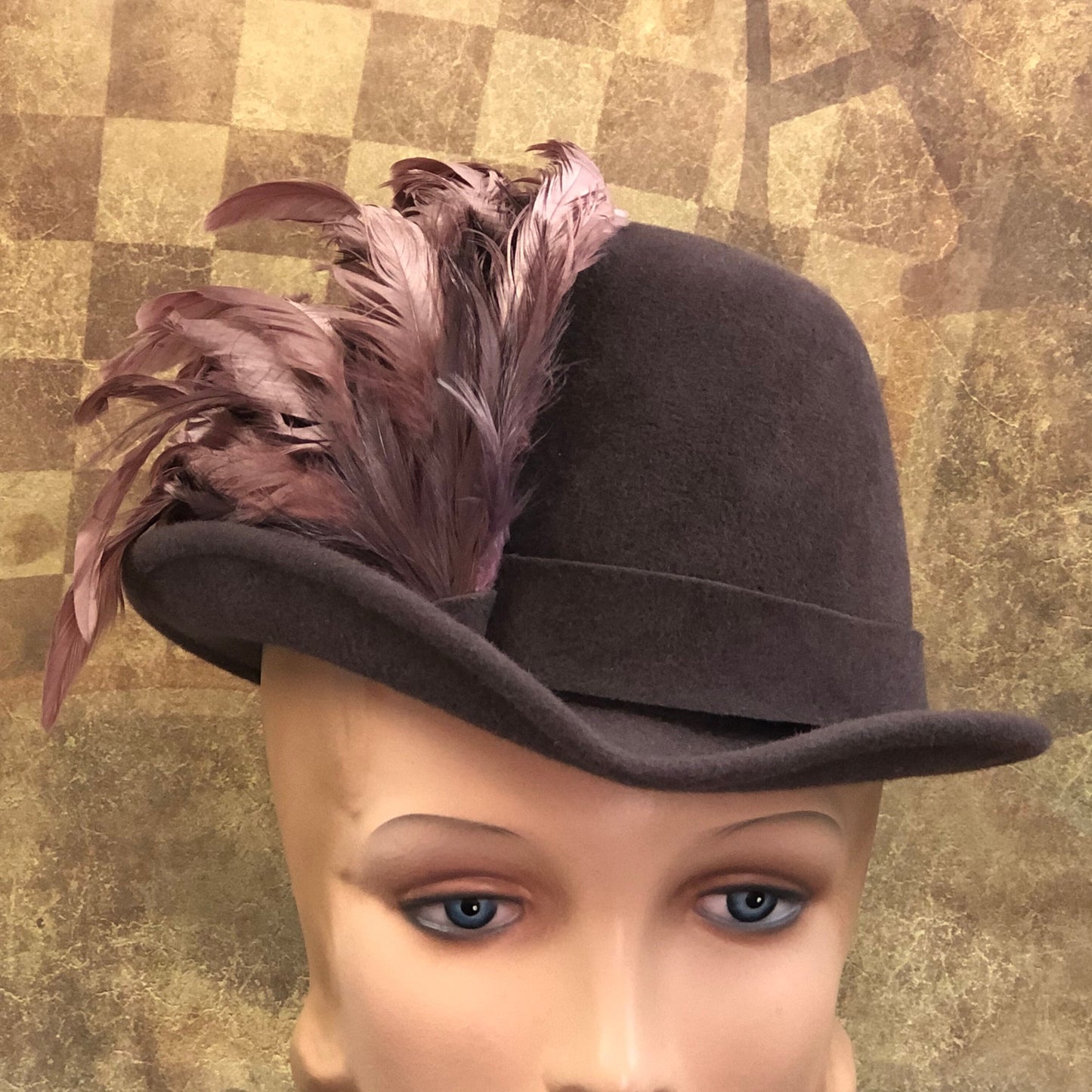 Padua Hat, Renaissance Hat, Elizabethan Flat Crown Tall Hat in taupe velour felt with felt trim - In stock ready to ship