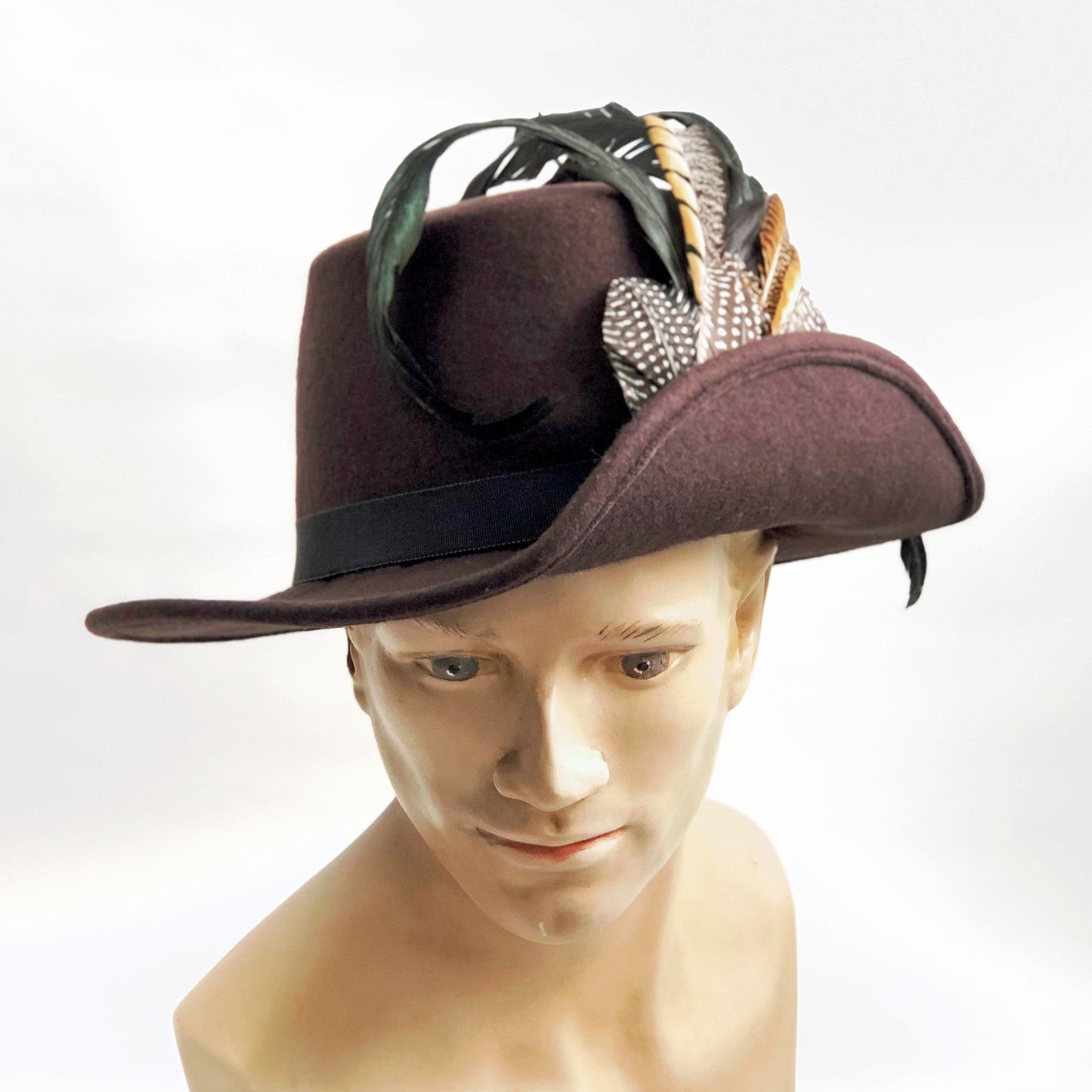 Anjou Hat, Renaissance Hat, Elizabethan Flat Crown Tall Hat in brown Felt with grosgrain trim - In stock ready to ship