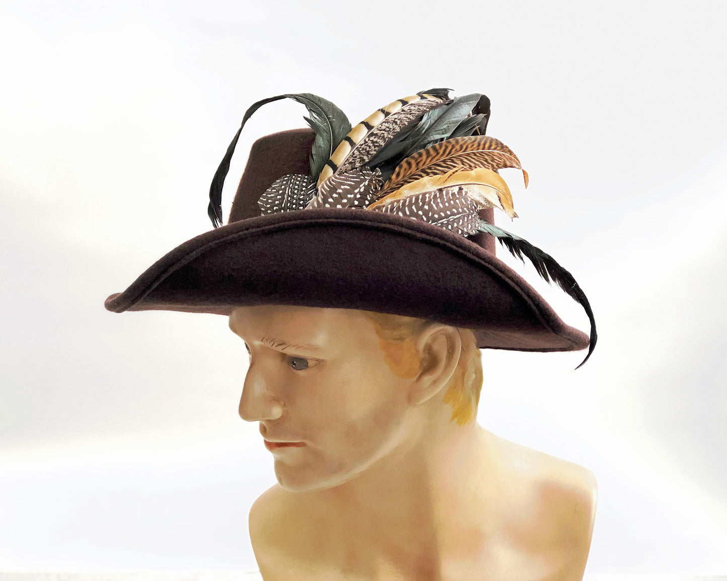 Anjou Hat, Renaissance Hat, Elizabethan Flat Crown Tall Hat in brown Felt with grosgrain trim - In stock ready to ship