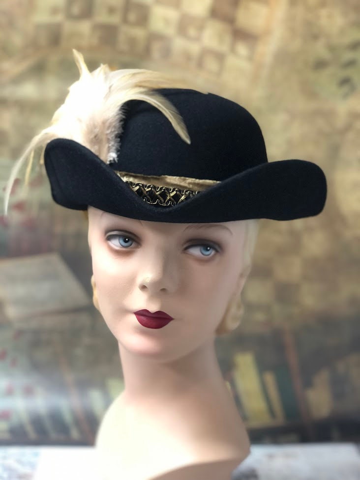 Pirate hat, Tricorn Hat, One of a Kind in Black fur Felt with black and gold ribbon, gold coque plumes - In Stock ready to ship