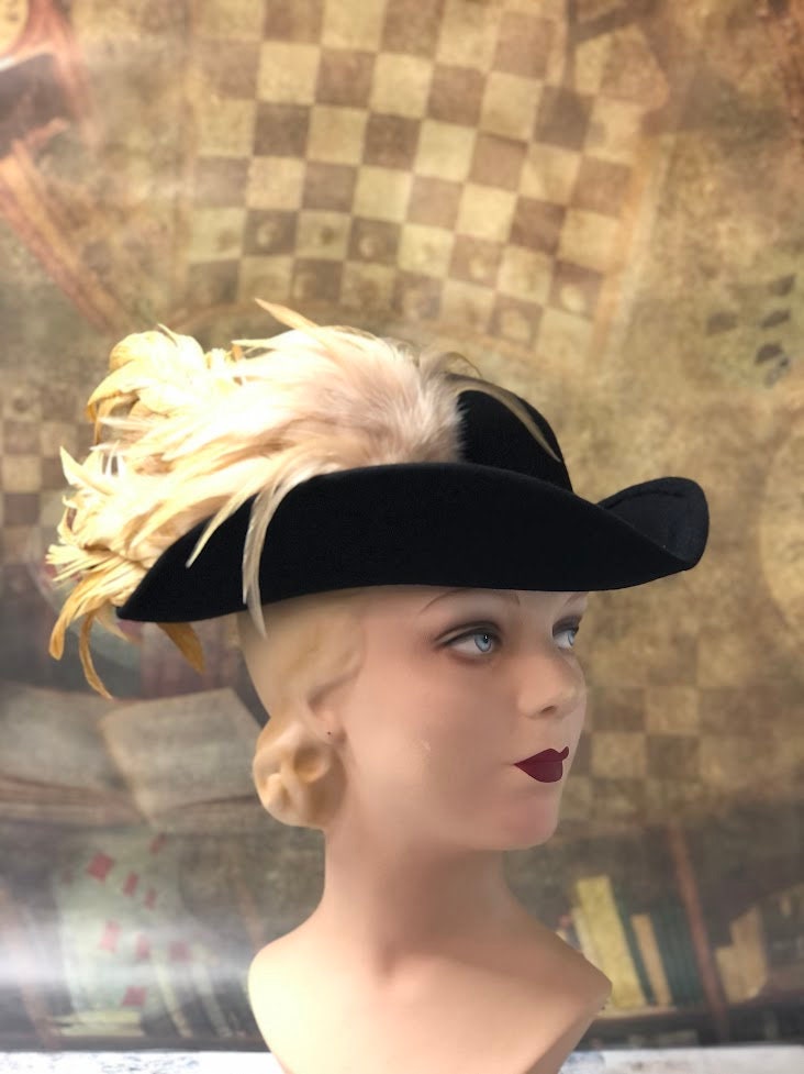 Pirate hat, Tricorn Hat, One of a Kind in Black fur Felt with black and gold ribbon, gold coque plumes - In Stock ready to ship