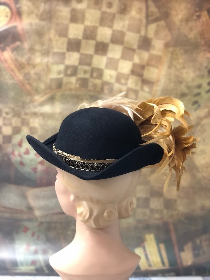 Pirate hat, Tricorn Hat, One of a Kind in Black fur Felt with black and gold ribbon, gold coque plumes - In Stock ready to ship