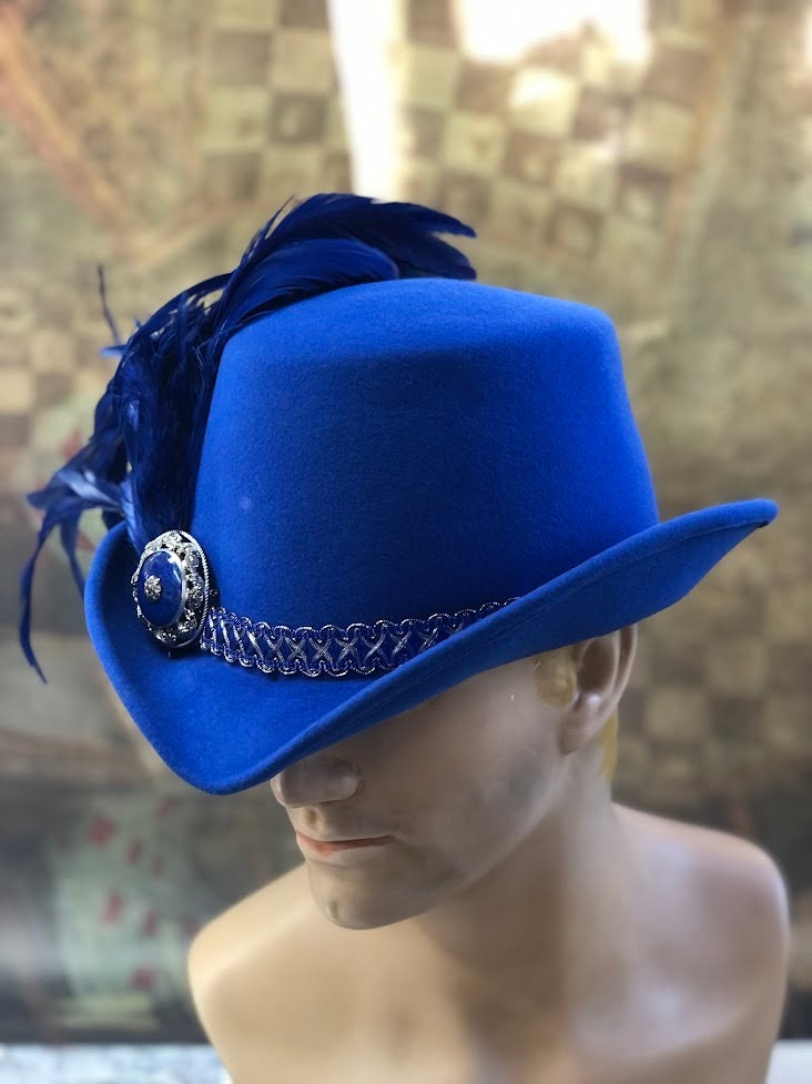 Padua Hat, Elizabethan Renaissance Tall hat in Cobalt Blue Felt - in stock ready to ship