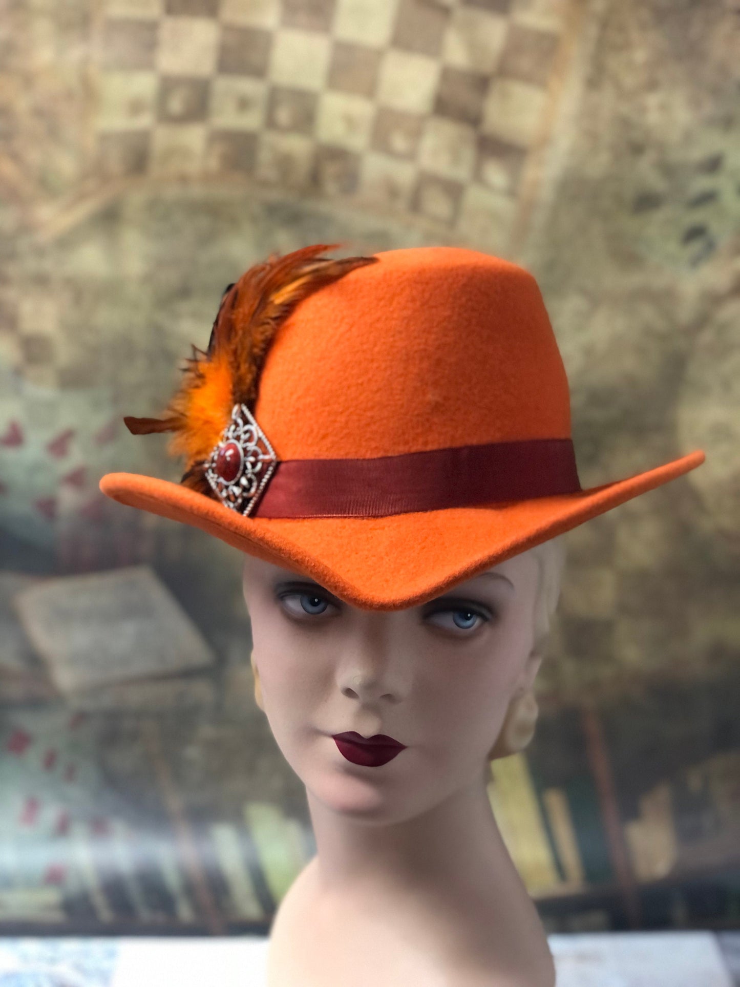 Padua Hat, Elizabethan Renaissance Tall hat in Autumnal Orange Felt - in stock ready to ship