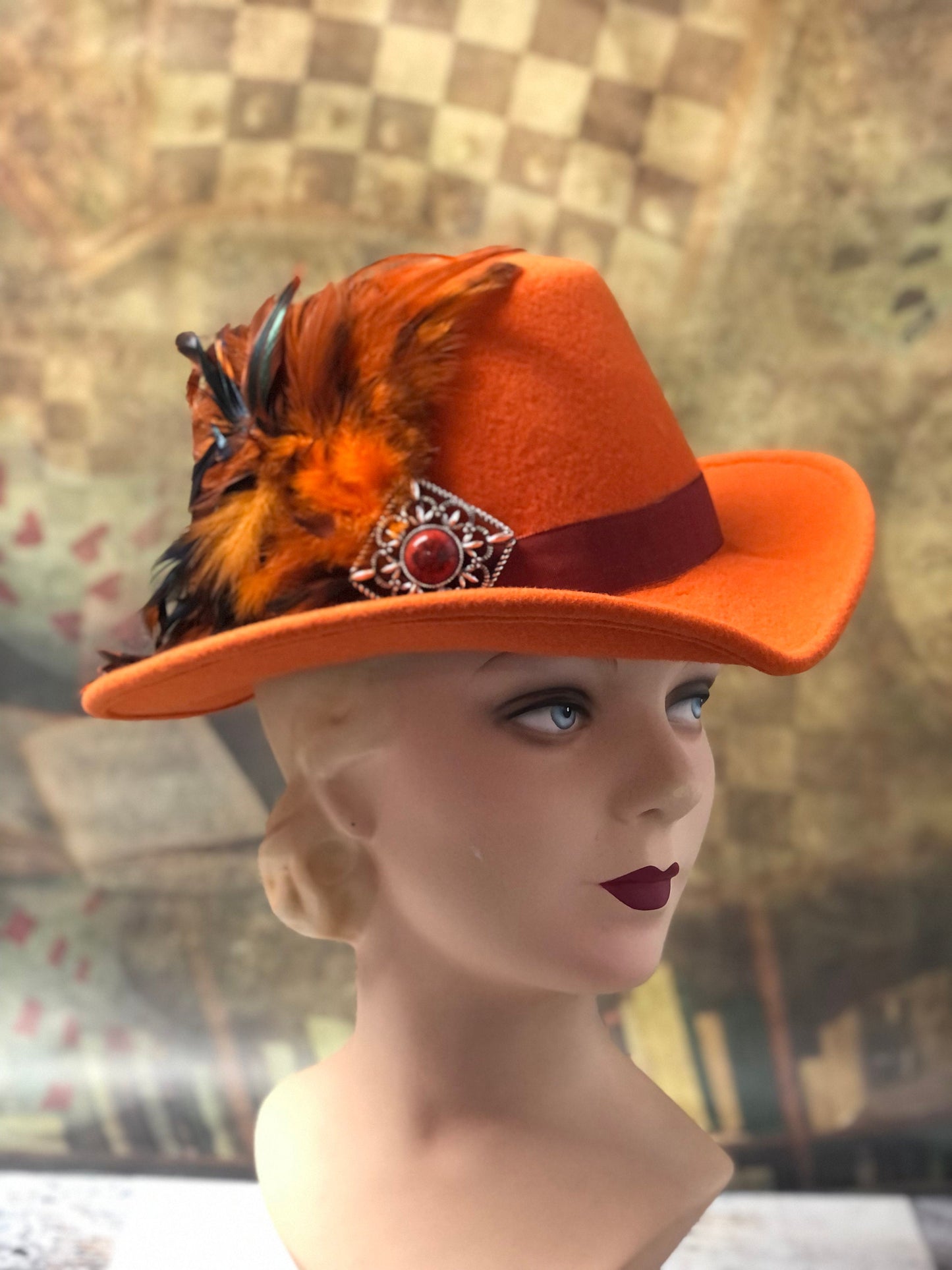 Padua Hat, Elizabethan Renaissance Tall hat in Autumnal Orange Felt - in stock ready to ship