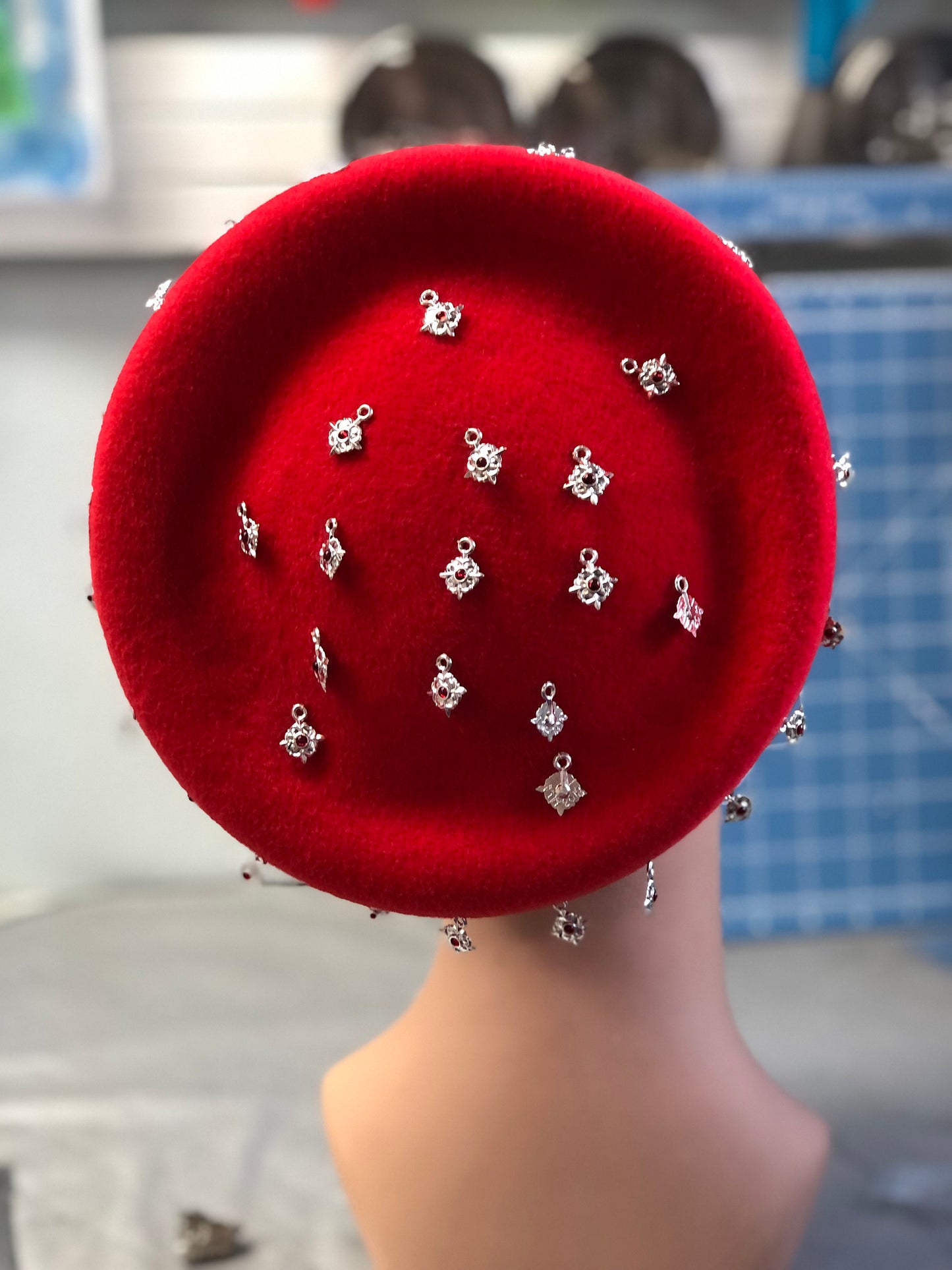 Philippi Tudor Elizabethan Jewel Spangled cap in Red Velour felt - In stock ready to ship