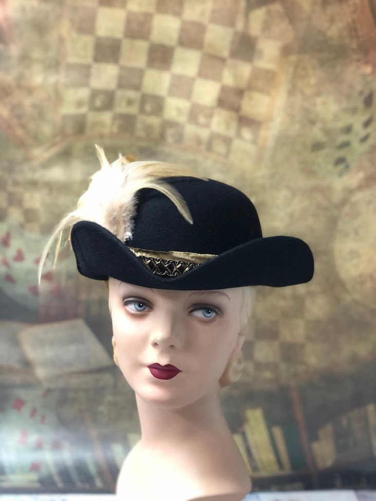 Pirate hat, Tricorn Hat, One of a Kind in Black fur Felt with black and gold ribbon, gold coque plumes - In Stock ready to ship