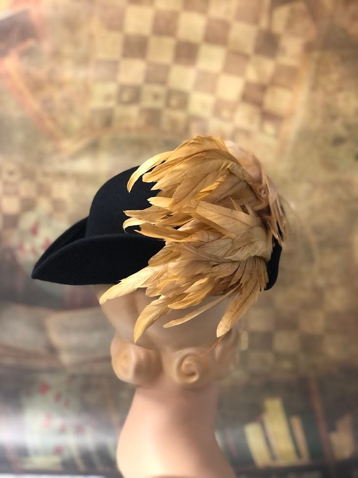 Pirate hat, Tricorn Hat, One of a Kind in Black fur Felt with black and gold ribbon, gold coque plumes - In Stock ready to ship