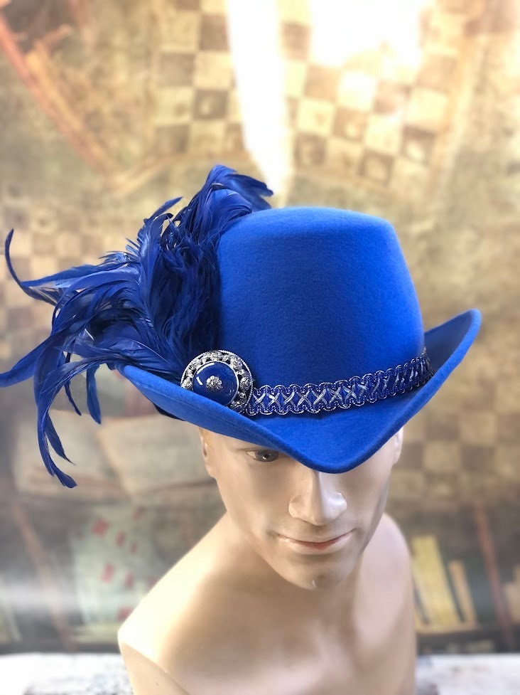 Padua Hat, Elizabethan Renaissance Tall hat in Cobalt Blue Felt - in stock ready to ship