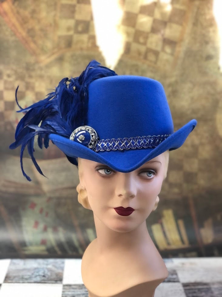 Padua Hat, Elizabethan Renaissance Tall hat in Cobalt Blue Felt - in stock ready to ship