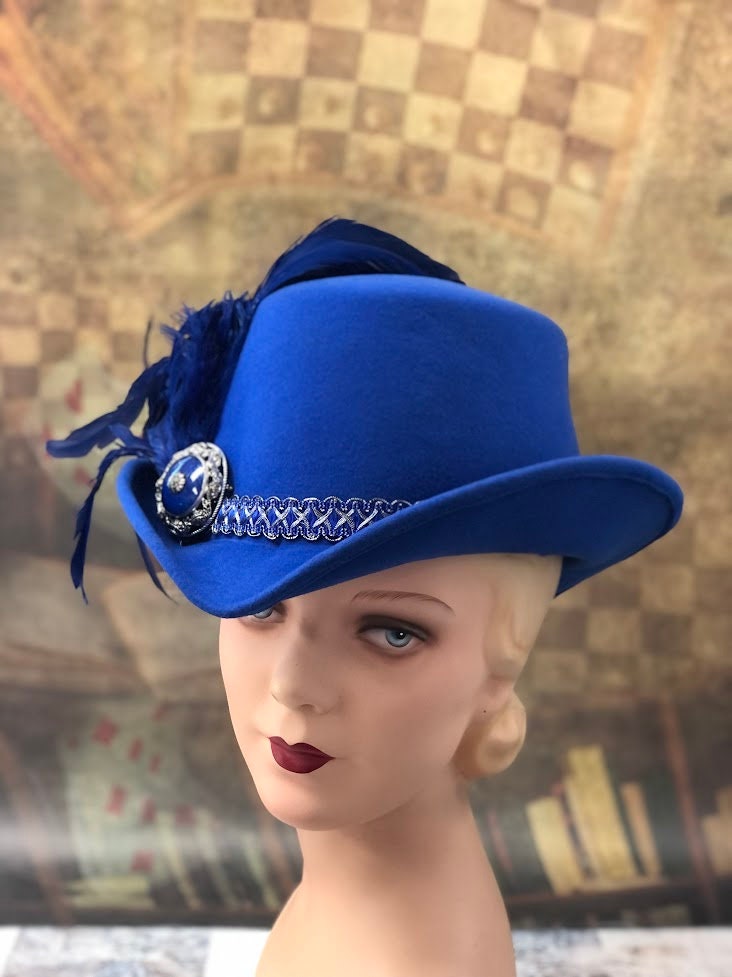 Padua Hat, Elizabethan Renaissance Tall hat in Cobalt Blue Felt - in stock ready to ship