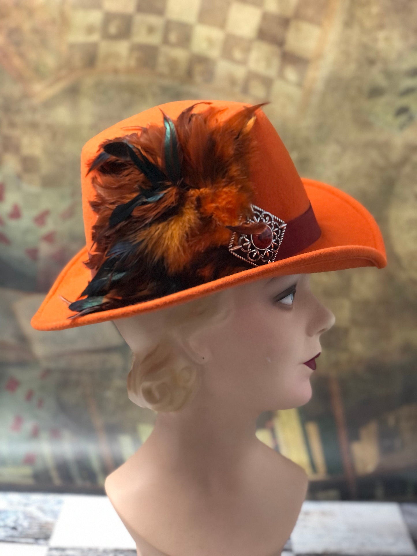 Padua Hat, Elizabethan Renaissance Tall hat in Autumnal Orange Felt - in stock ready to ship