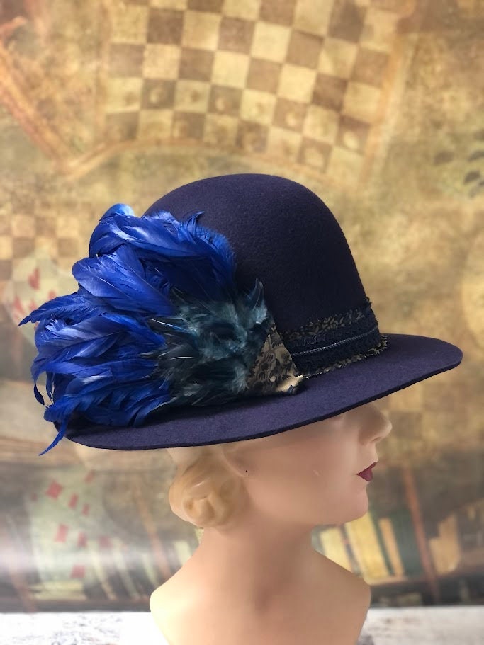 Windsor Hat, Elizabethan Renaissance Unisex Tall Dome Crown hat in Navy Felt - in stock ready to ship