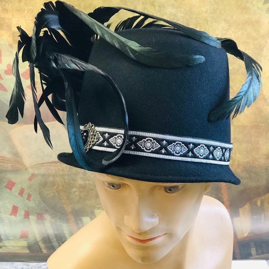 Savoy Hat, Renaissance Hat, Elizabethan Flat Crown Tall Hat in black Felt with metallic silver geometric trim - In stock ready to ship