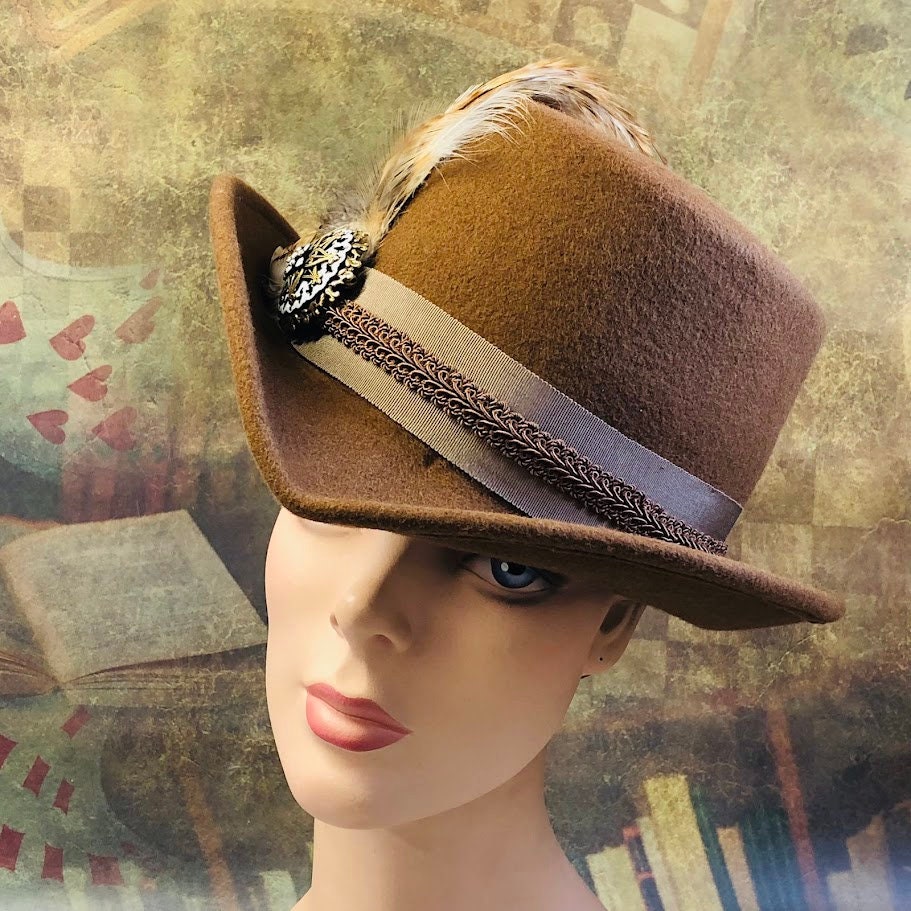 Padua Hat, Renaissance Hat, Elizabethan Flat Crown Tall Hat in tan wool felt - In stock ready to ship