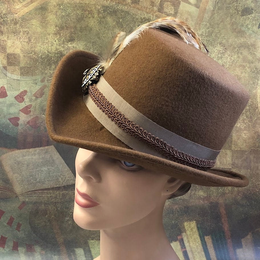 Padua Hat, Renaissance Hat, Elizabethan Flat Crown Tall Hat in tan wool felt - In stock ready to ship