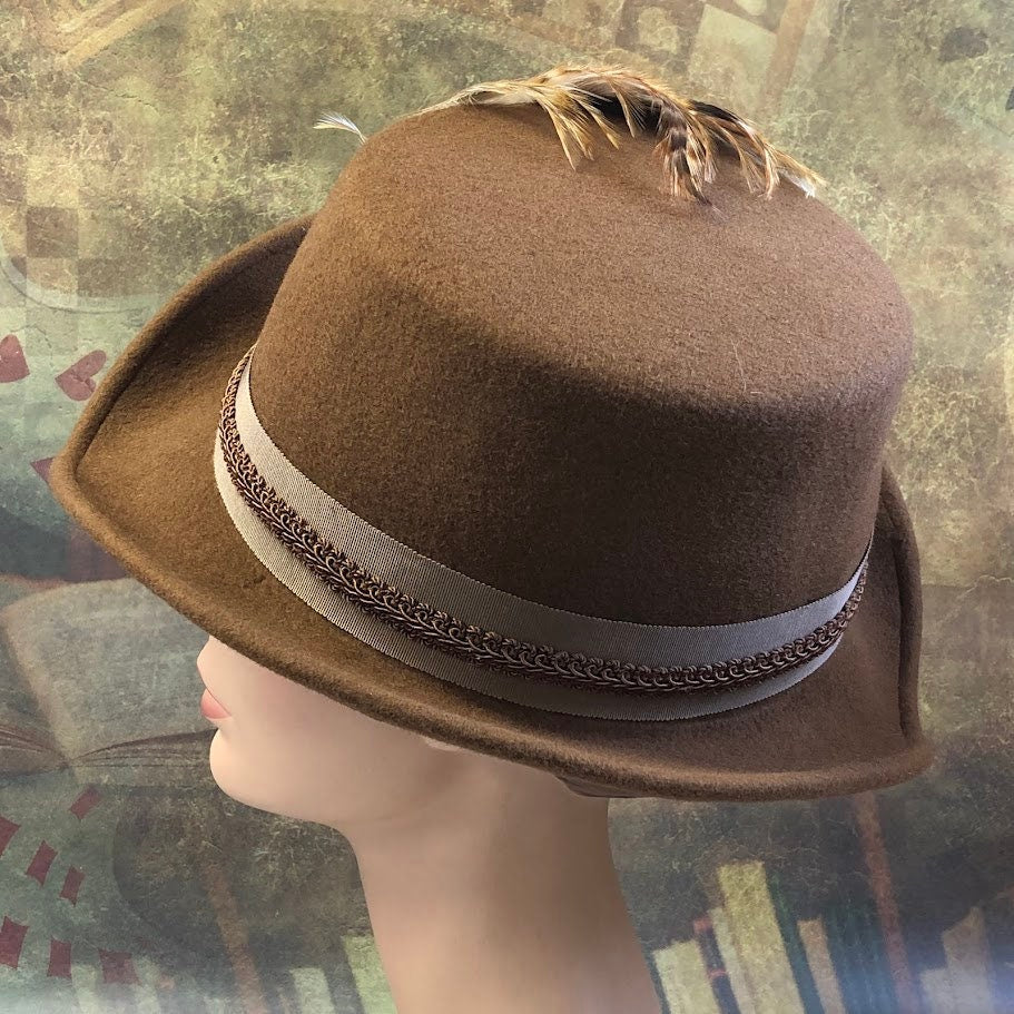 Padua Hat, Renaissance Hat, Elizabethan Flat Crown Tall Hat in tan wool felt - In stock ready to ship