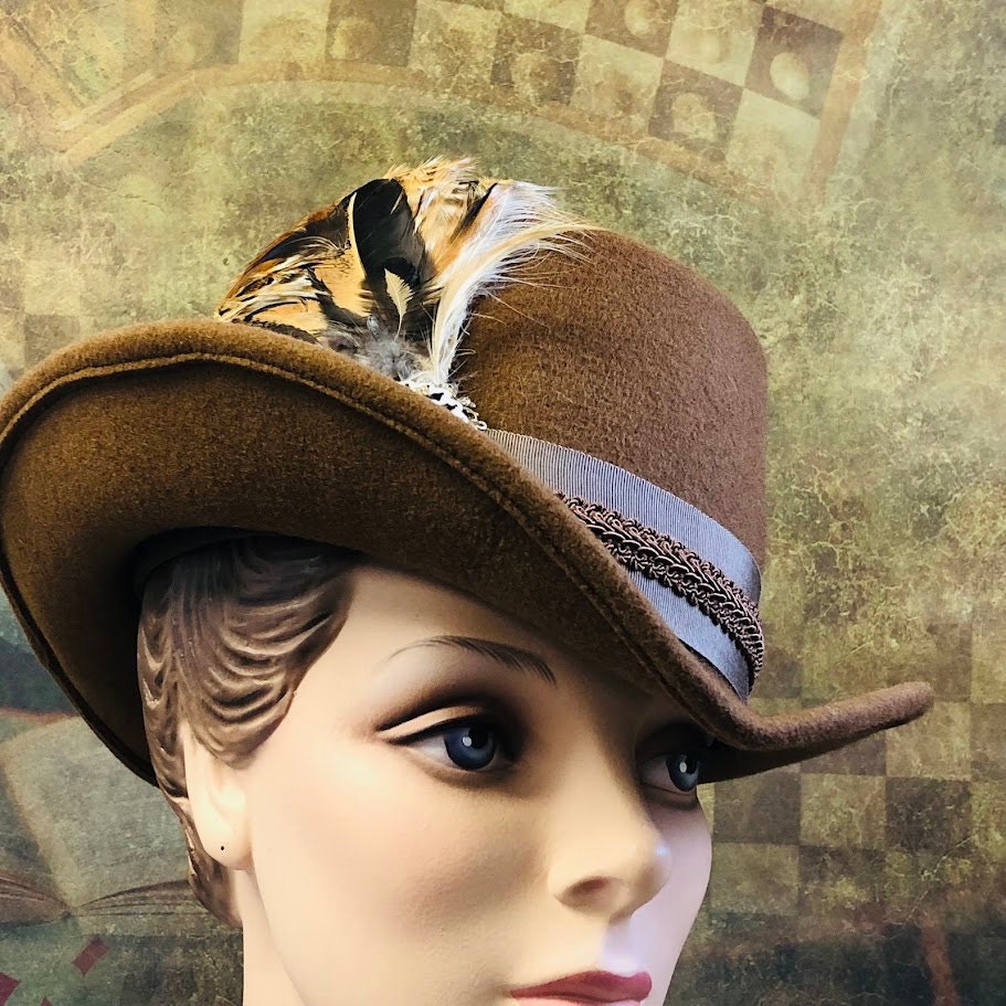 Padua Hat, Renaissance Hat, Elizabethan Flat Crown Tall Hat in tan wool felt - In stock ready to ship