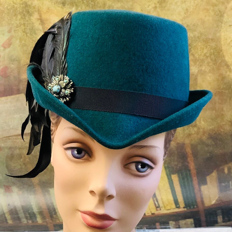 Padua Hat, Elizabethan Renaissance Tall hat in textured teal green wool felt - in stock ready to ship