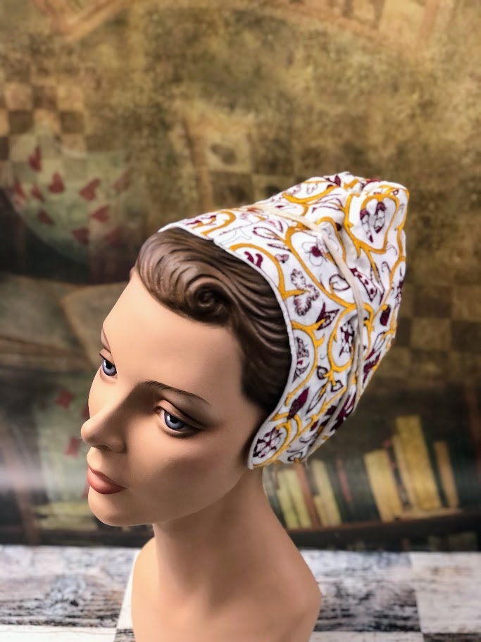 Regal Gold and Burgundy Embroidered Elizabethan Coif - In Stock, Ready to Ship