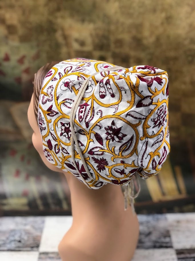 Regal Gold and Burgundy Embroidered Elizabethan Coif - In Stock, Ready to Ship