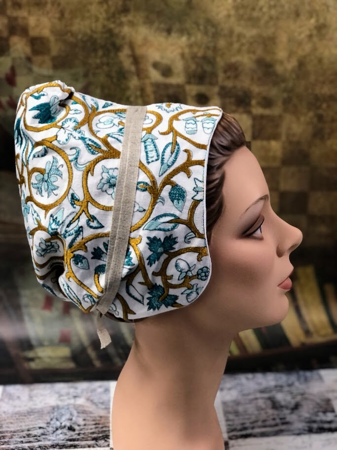 Ocean's Majesty: Gold, Teal, and Aqua Embroidered Coif - In Stock, Ready to Ship