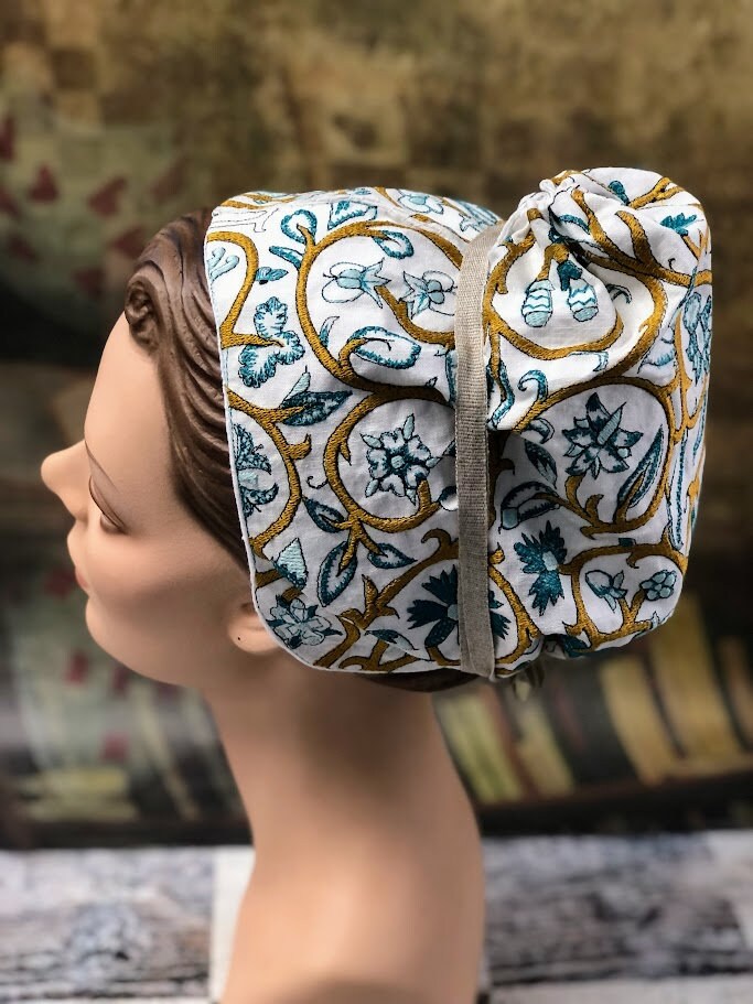 Ocean's Majesty: Gold, Teal, and Aqua Embroidered Coif - In Stock, Ready to Ship