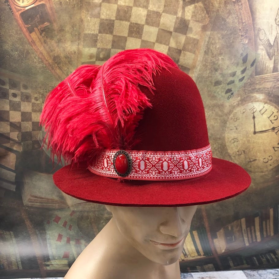 Windsor Hat, Elizabethan Renaissance Unisex Tall Dome Crown hat in Red Felt - in stock ready to ship