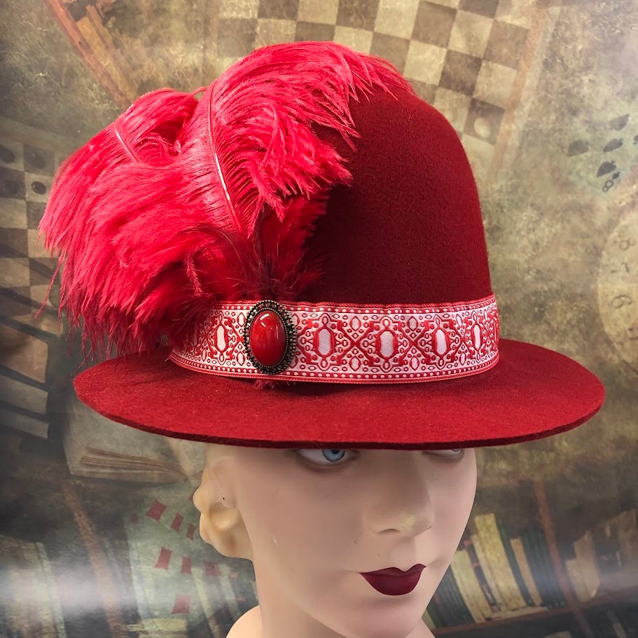 Windsor Hat, Elizabethan Renaissance Unisex Tall Dome Crown hat in Red Felt - in stock ready to ship