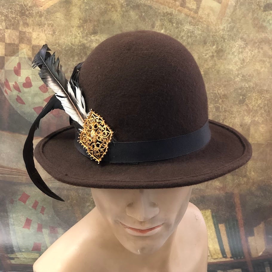 Windsor Hat, Elizabethan Renaissance Unisex Tall Dome Crown hat in Chocolate wool Felt - in stock ready to ship