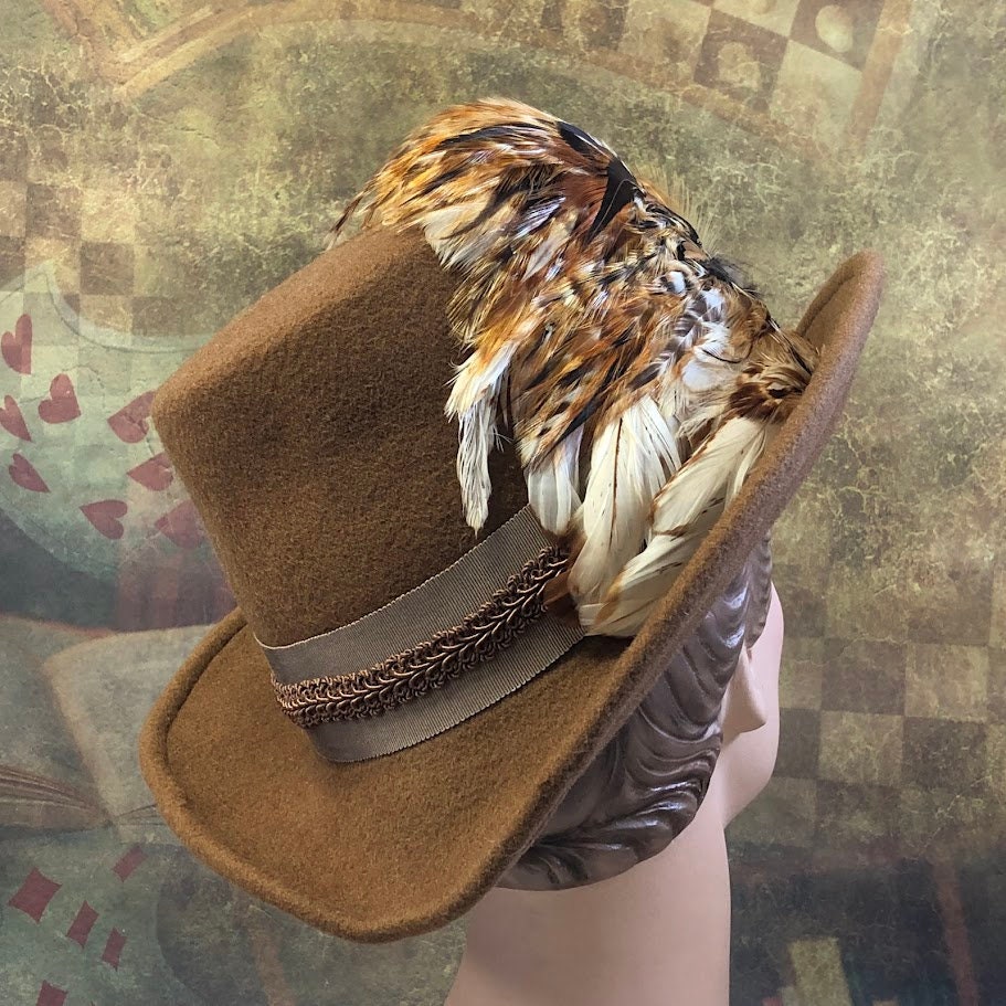 Padua Hat, Renaissance Hat, Elizabethan Flat Crown Tall Hat in tan wool felt - In stock ready to ship