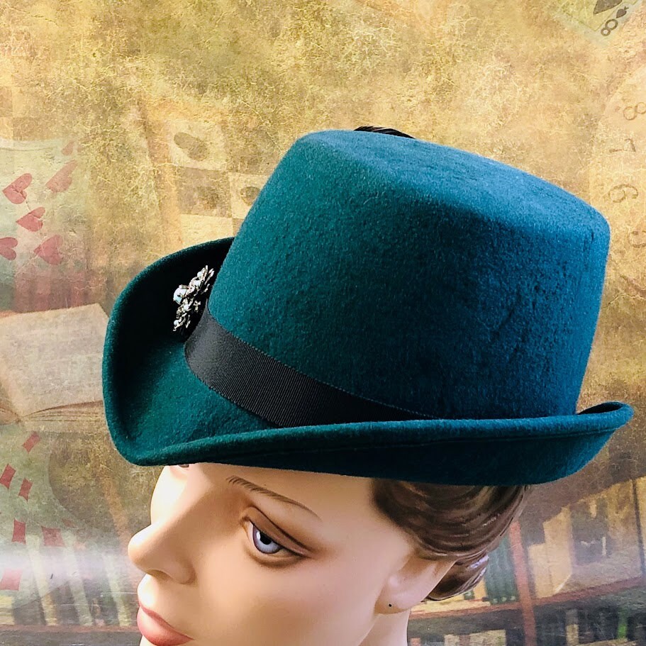 Padua Hat, Elizabethan Renaissance Tall hat in textured teal green wool felt - in stock ready to ship