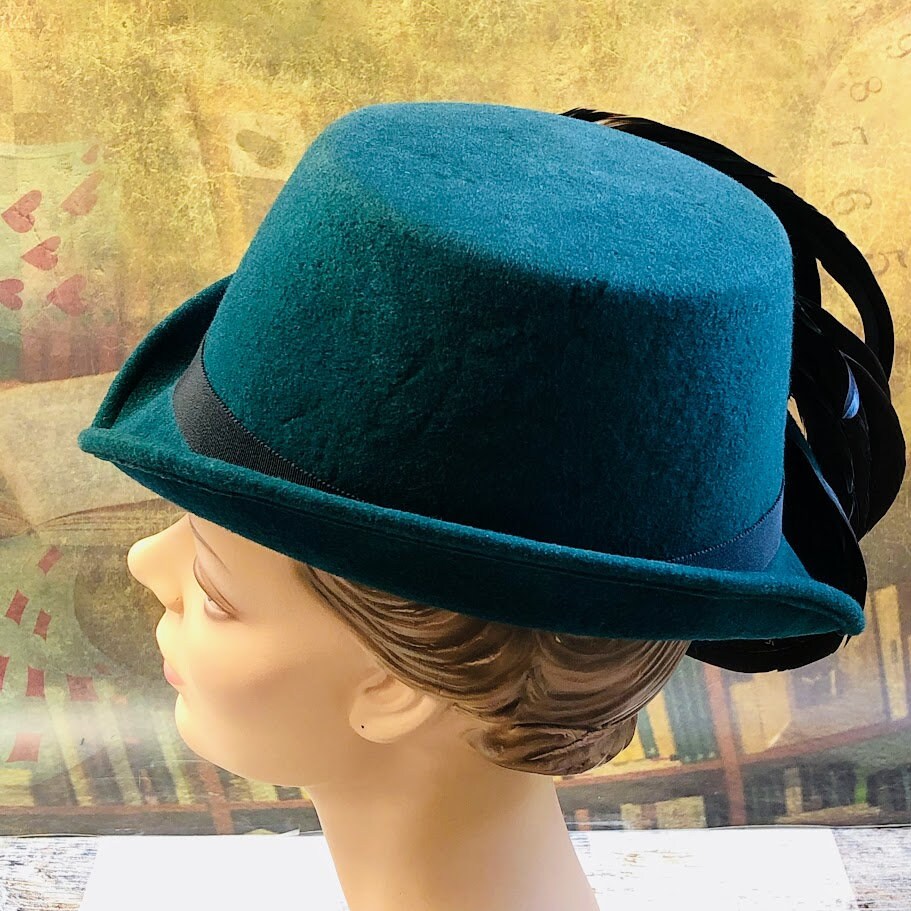 Padua Hat, Elizabethan Renaissance Tall hat in textured teal green wool felt - in stock ready to ship