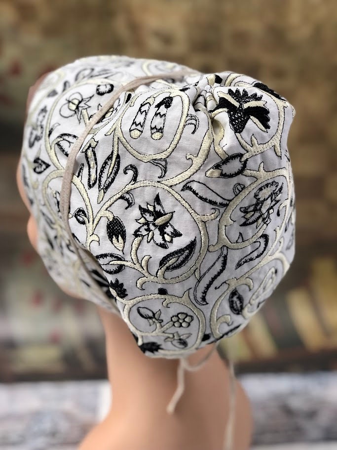 Elizabethan Black and Off-White Embroidered Coif - In Stock, Ready to Ship