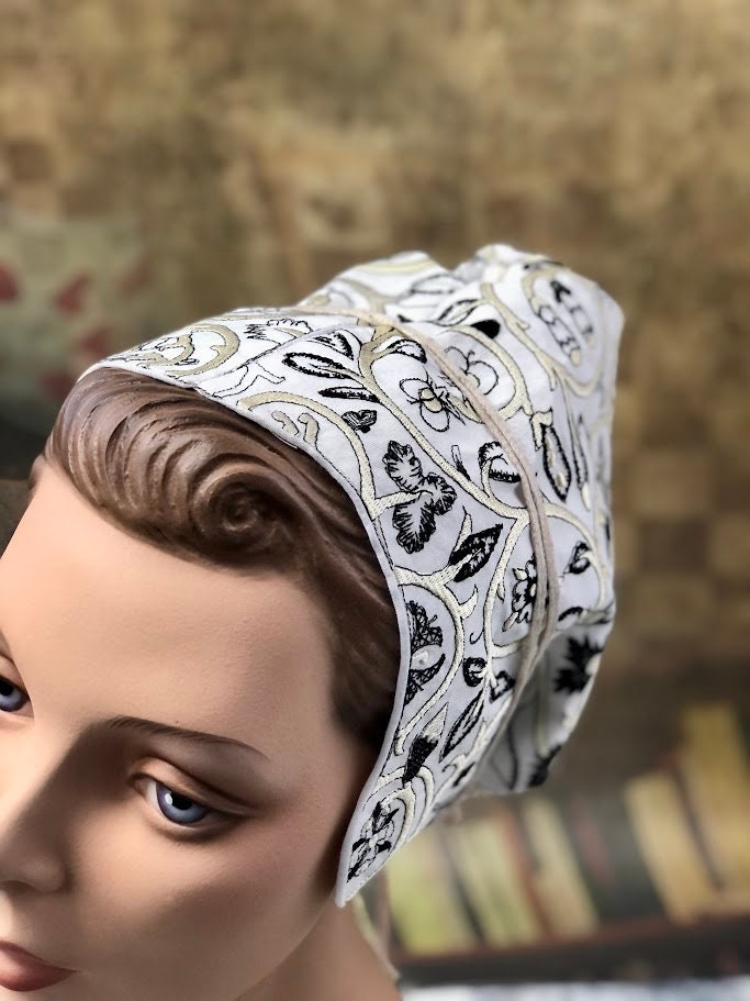 Elizabethan Black and Off-White Embroidered Coif - In Stock, Ready to Ship