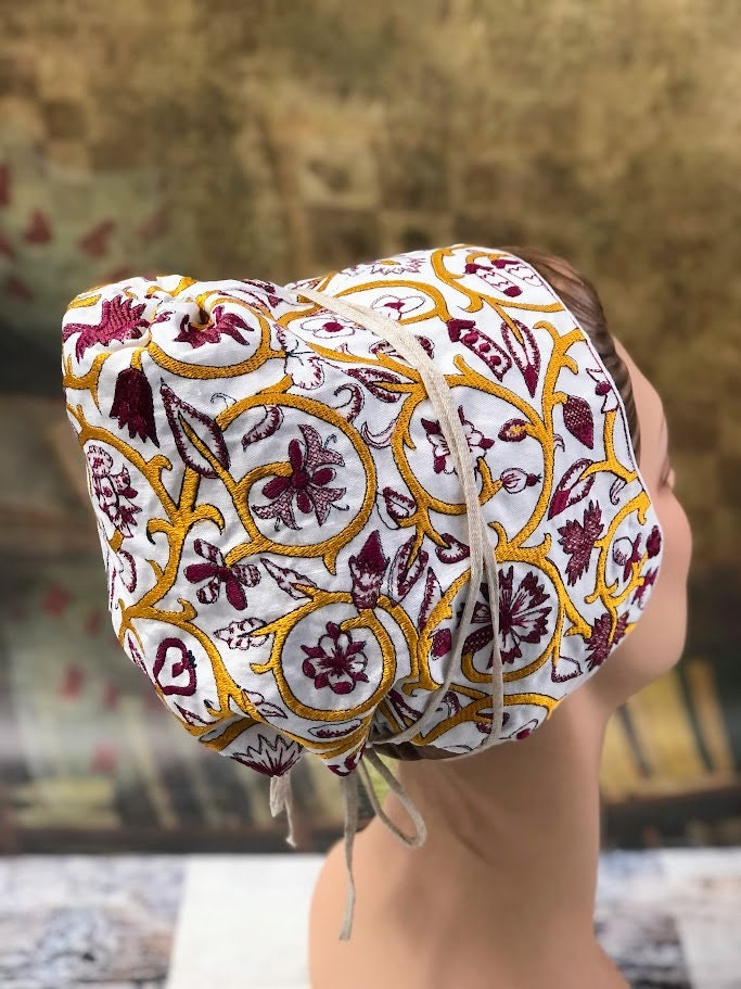 Regal Gold and Burgundy Embroidered Elizabethan Coif - In Stock, Ready to Ship