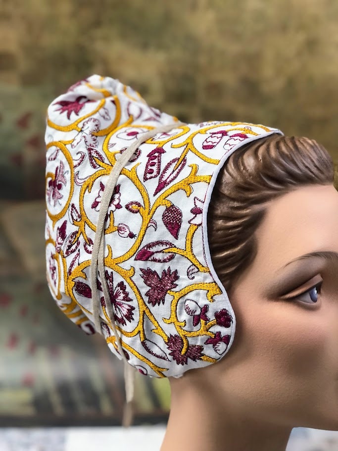 Regal Gold and Burgundy Embroidered Elizabethan Coif - In Stock, Ready to Ship