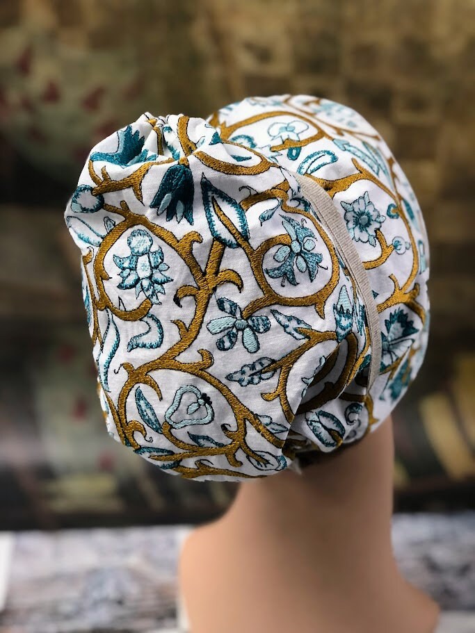 Ocean's Majesty: Gold, Teal, and Aqua Embroidered Coif - In Stock, Ready to Ship