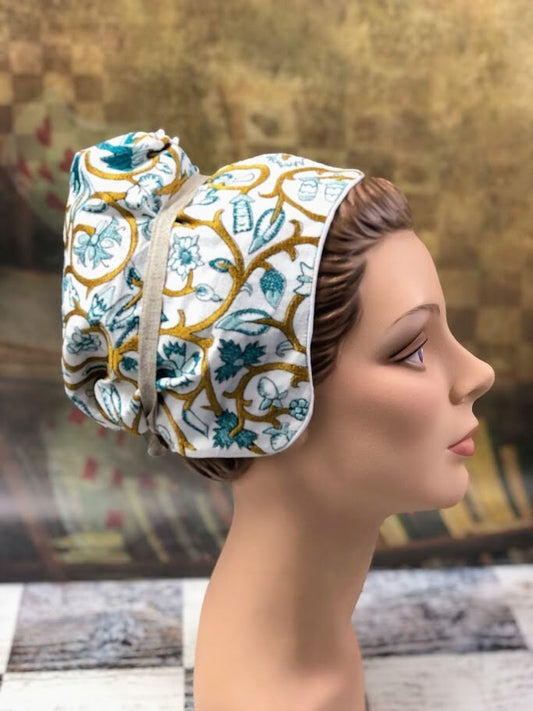 Ocean's Majesty: Gold, Teal, and Aqua Embroidered Coif - In Stock, Ready to Ship