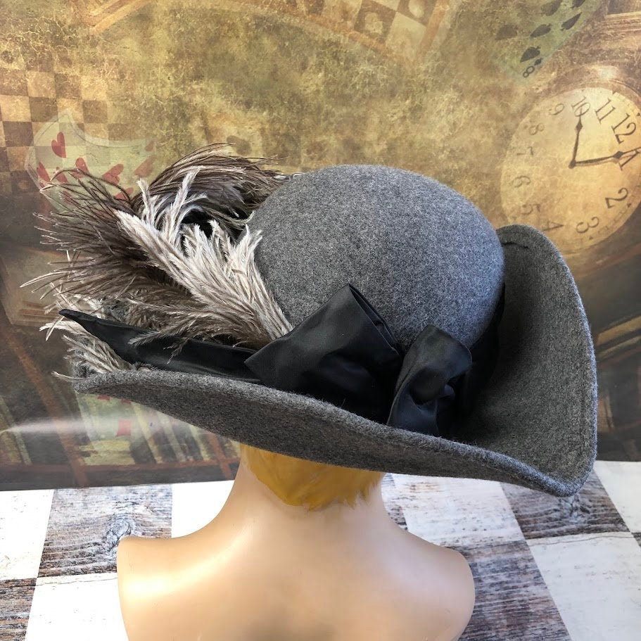 Hand-Blocked Gray Tricorn with Ostrich Feathers  - In Stock ready to ship