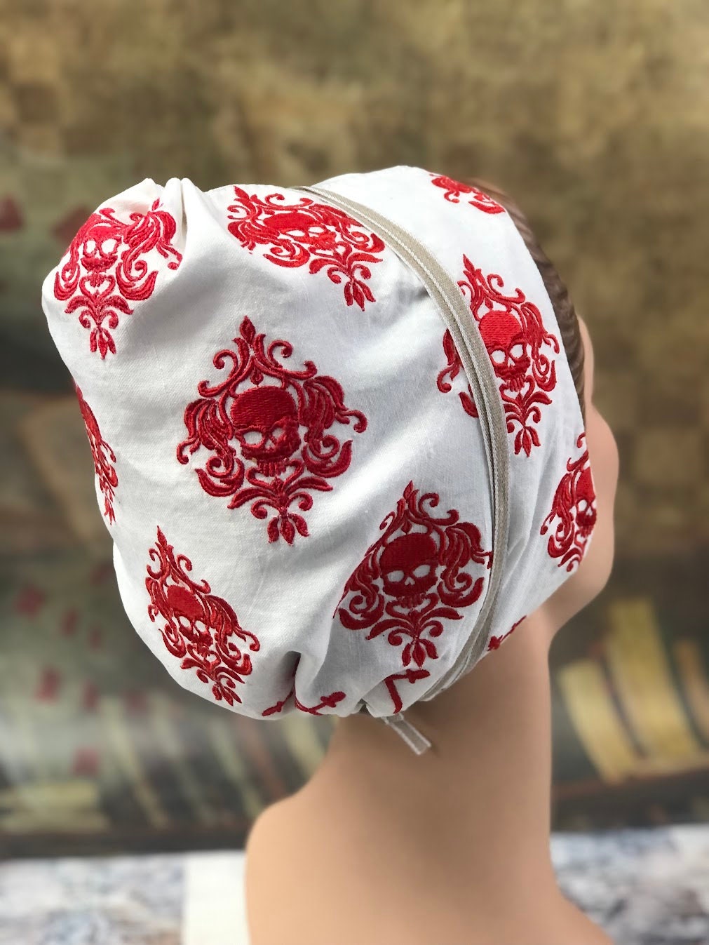 Scarlet Skull: Pirate Damask Embroidered Coif - In Stock, Ready to Ship