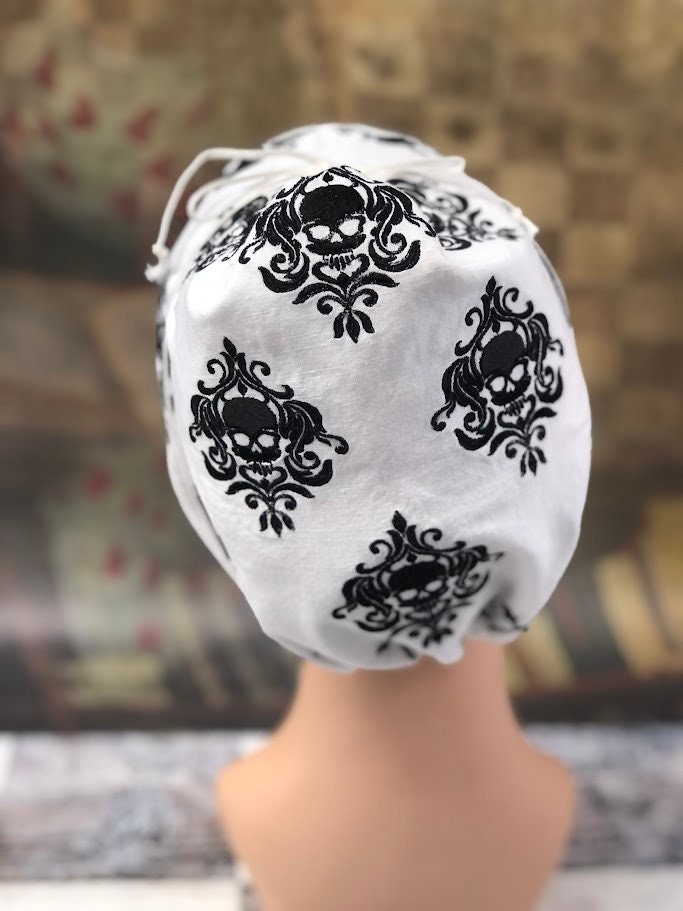 Midnight Menace: Black Damask Pirate Skull Coif - In Stock, Ready to Ship