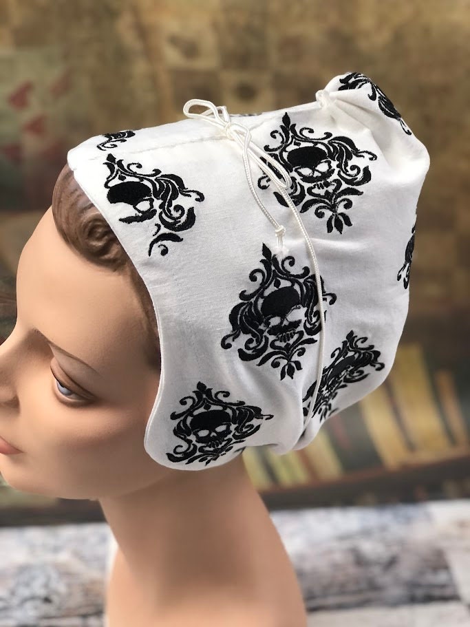 Midnight Menace: Black Damask Pirate Skull Coif - In Stock, Ready to Ship