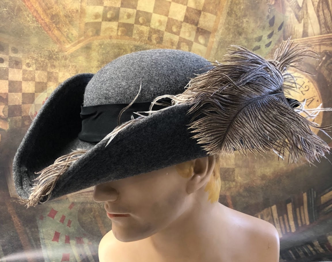 Hand-Blocked Gray Tricorn with Ostrich Feathers  - In Stock ready to ship