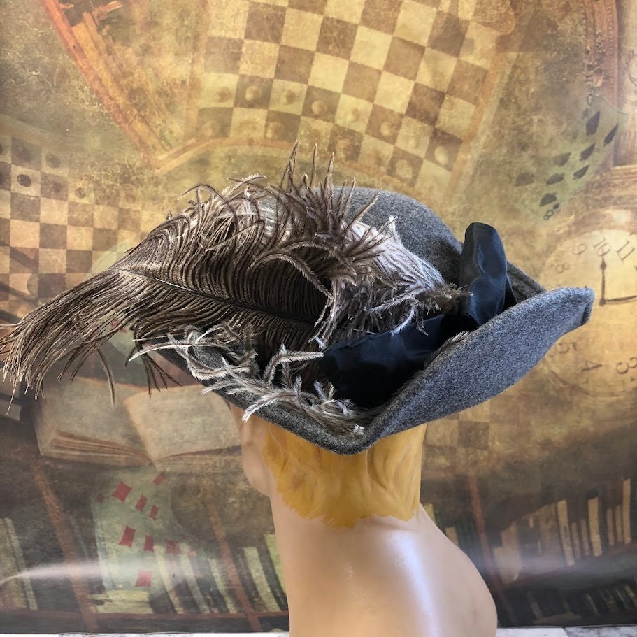 Hand-Blocked Gray Tricorn with Ostrich Feathers  - In Stock ready to ship